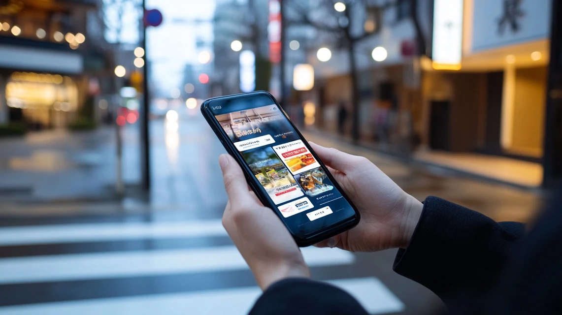 日本人がスマートフォンを見ながら複数表示されたクーポンを確認している様子