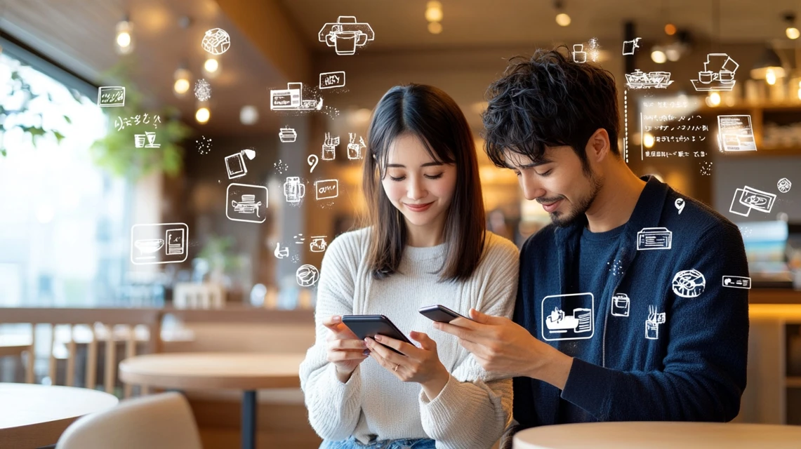 一休レストランクーポン1000円60分を利用するイメージ、日本人カップルがスマホでクーポンを確認しているシーン