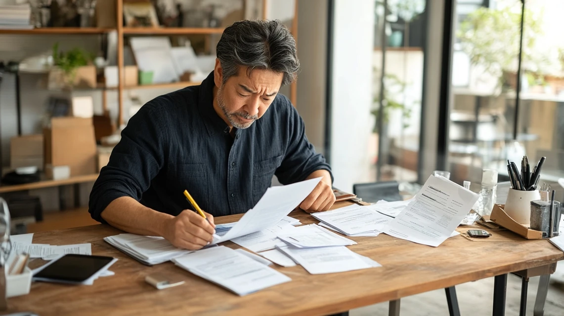 購入後に書類や明細を確認している日本人