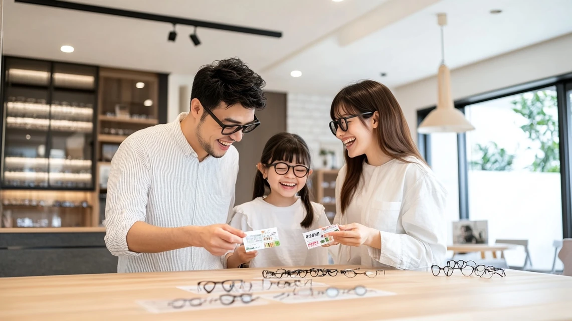 買い物袋とメガネを手に笑顔で帰る日本人家族