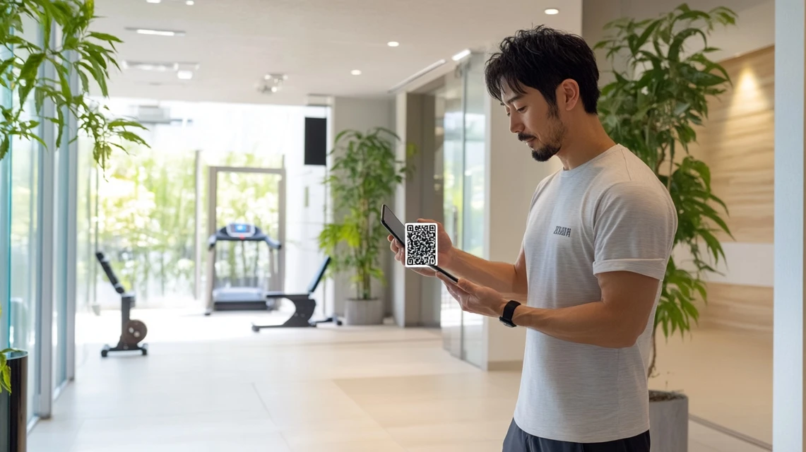 日本人男性がジムの入り口でスマートフォンをかざしてチェックインしている場面