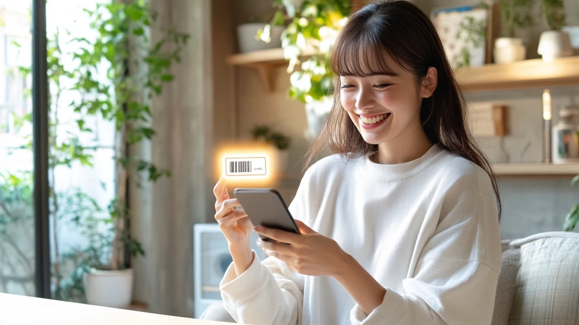 スマホでクーポンを適用して喜んでいる日本人女性