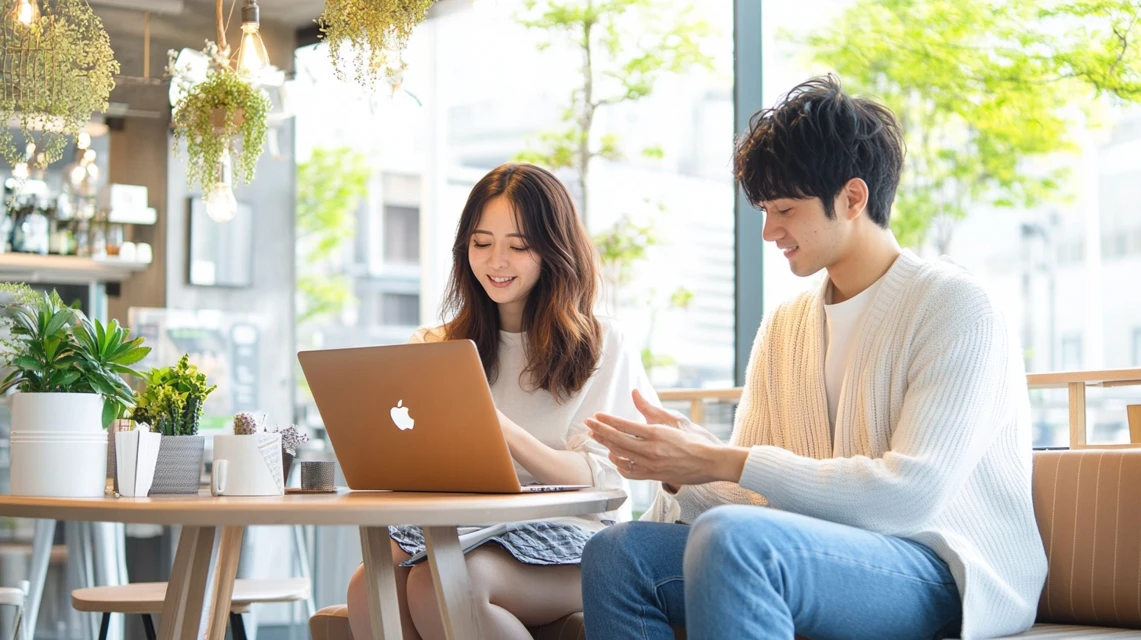 友達と一緒にノートパソコンを見ながら紹介割引について話す日本人二人のイメージ