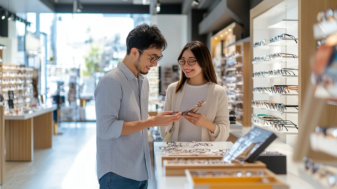 Zoffの誕生日クーポンをセール時期に活用する日本人カップルのイメージ