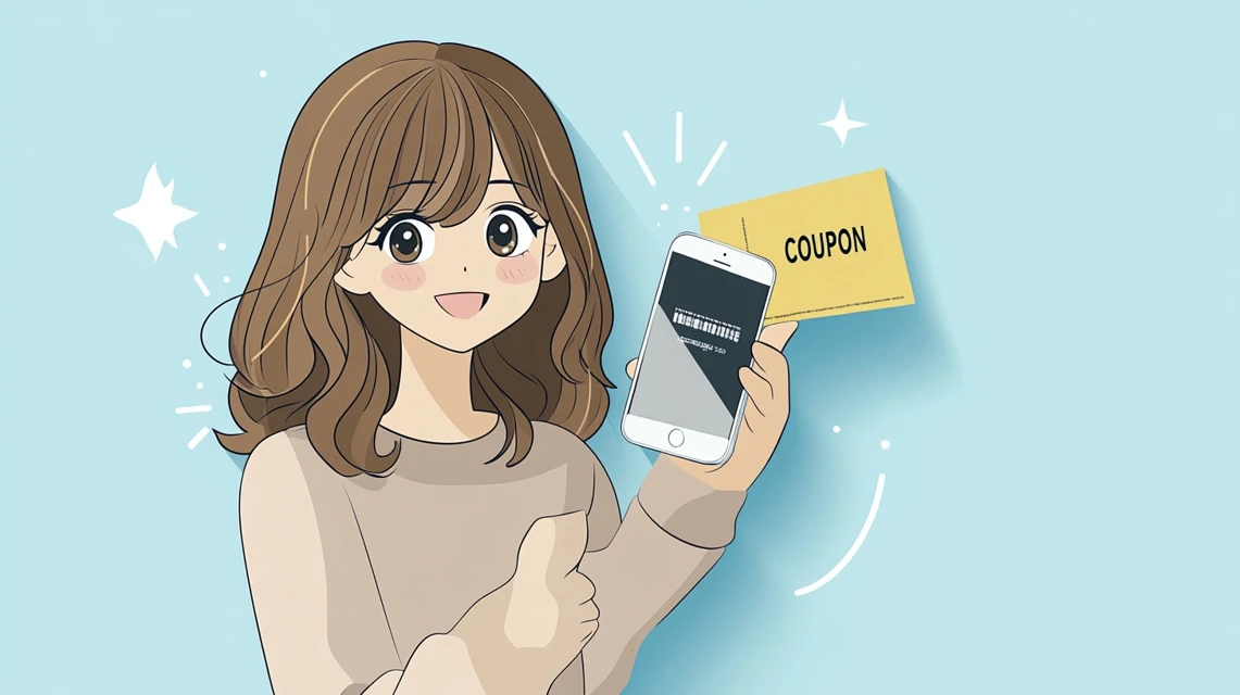 クーポンの終了時刻に注意しながらスマホを見る日本人女性のイメージ