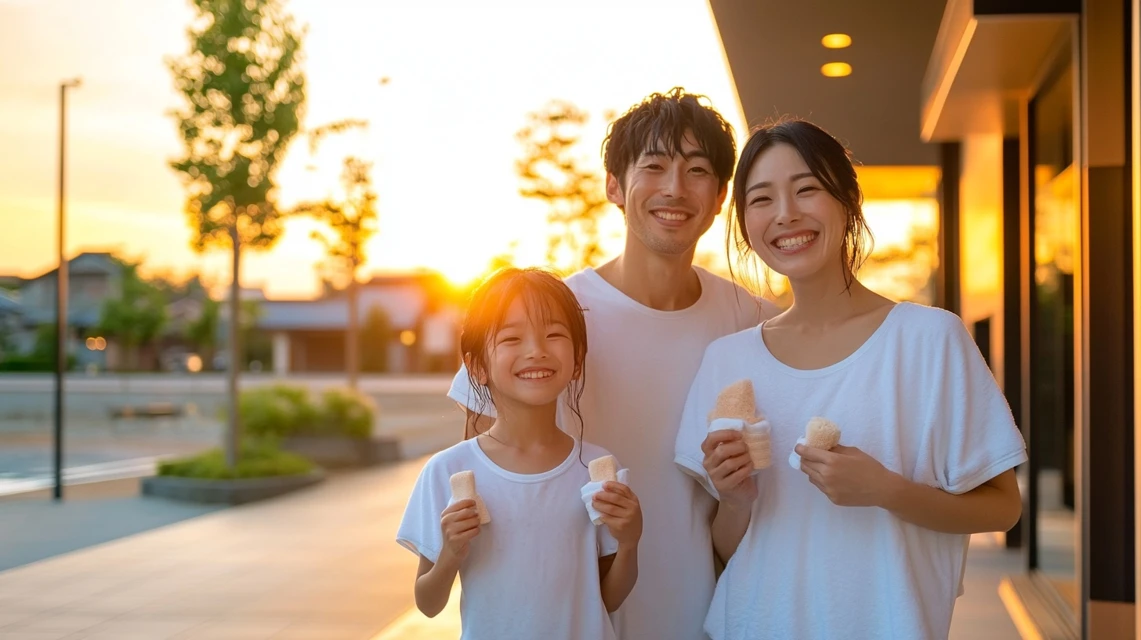 温泉帰りに笑顔でタオルを持つ日本人家族