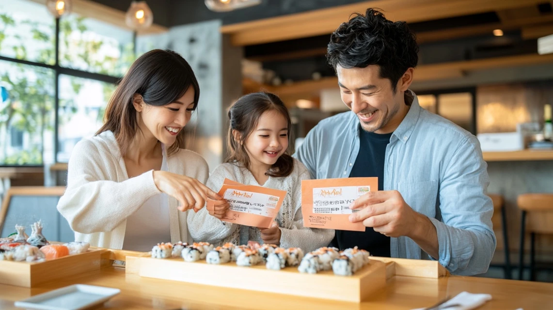 家族で誕生日クーポンを使って寿司を楽しんでいる日本人

