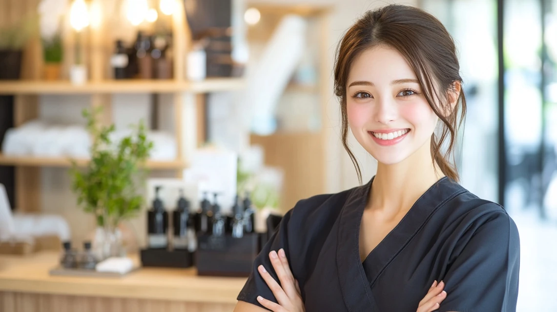 りらくるのセラピストが笑顔で接客する場面
