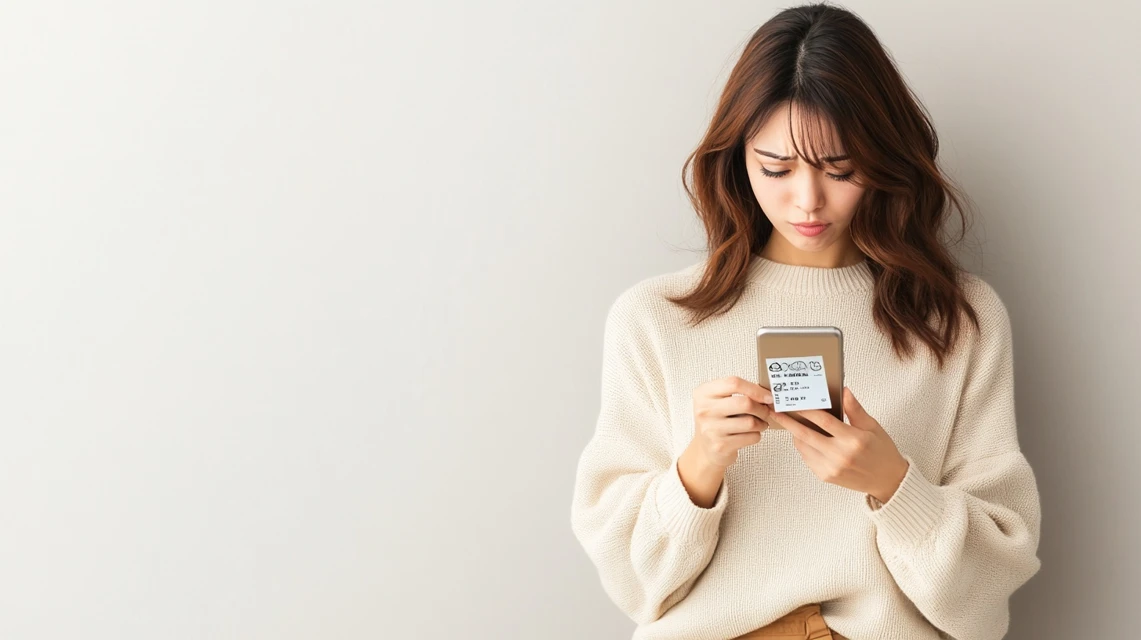 スマートフォン画面からクーポンが消えて困っている日本人女性