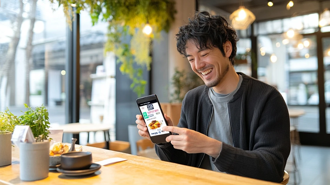 日本人男性がスマホに割引クーポン番号を入力して、宅配注文をお得に利用している場面。