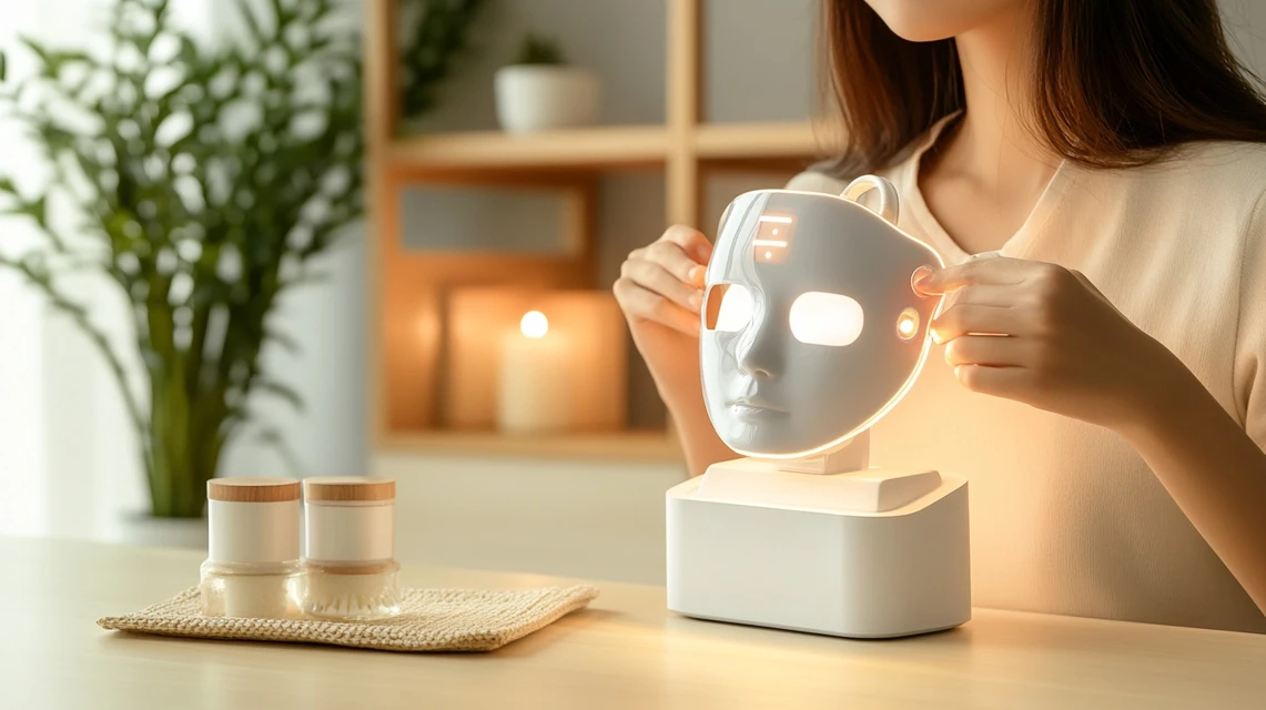 カレントボディの未来的なLEDマスクを着用してくつろぐ日本人女性。