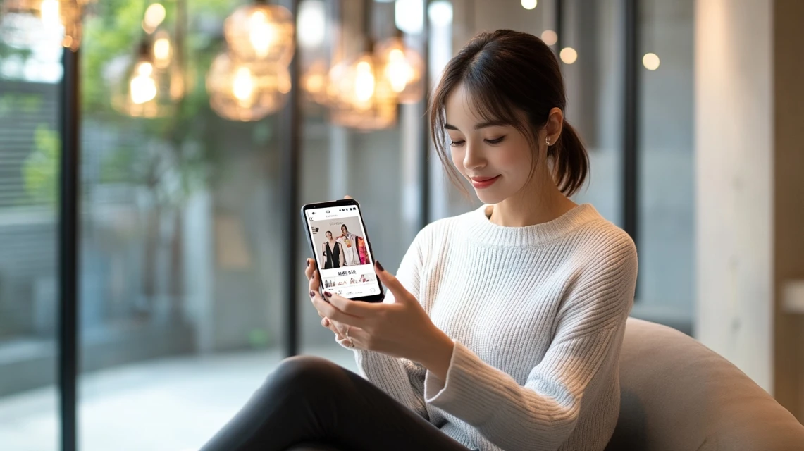 日本人女性がスマートフォンでショッピングアプリを操作している様子