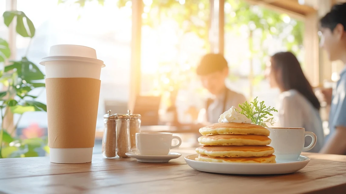 コナズコーヒーで家族が土日のモーニングをクーポン利用で楽しんでいる場面