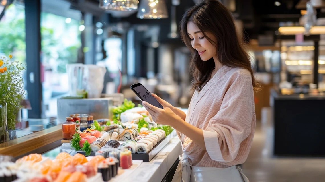 スマホのメールをチェックしながら誕生日クーポンを探す日本人女性
