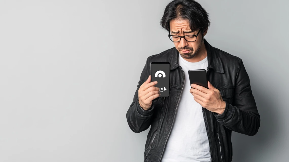 日本人男性がスマートフォン画面に表示されたエラーマークを見て困惑している様子