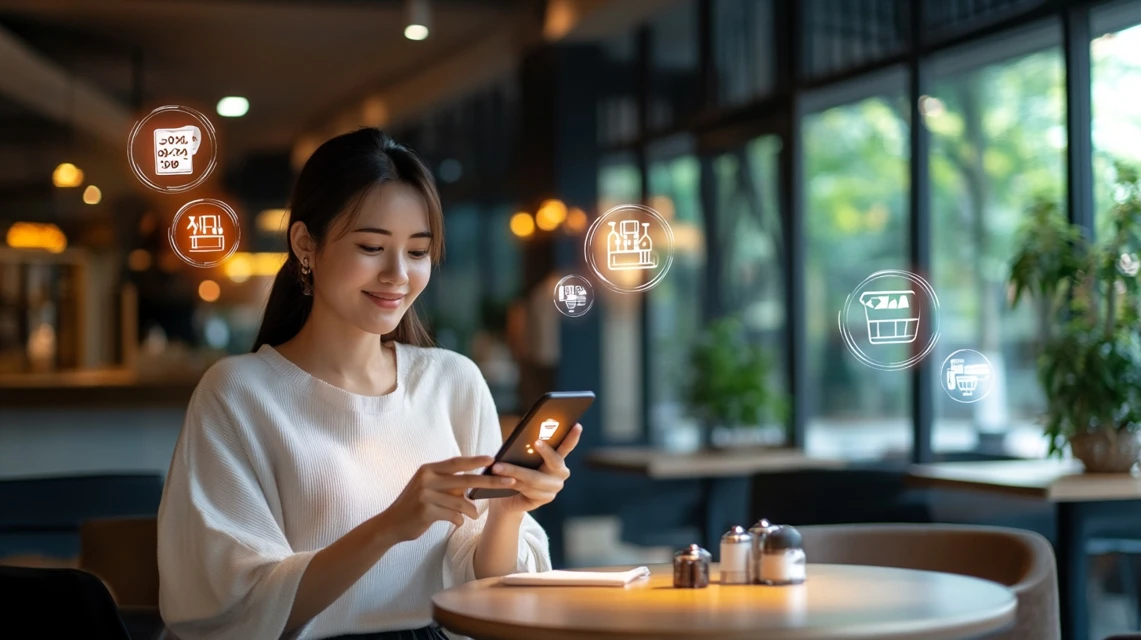 一休レストランクーポン1000円60分を活用する日本人女性がスマホを操作している様子