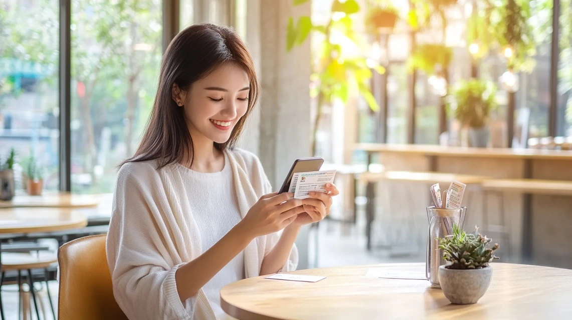 スマートフォンでメールを確認し、新しい割引クーポンを見つけた日本人女性のイメージ