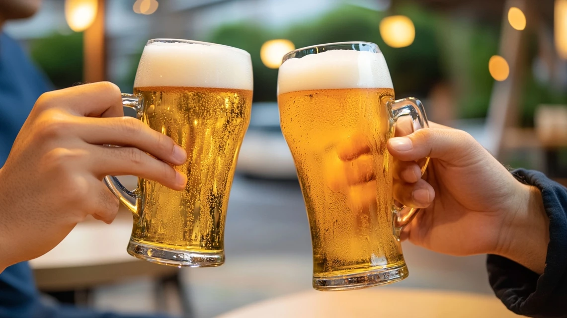 バーミヤンの生ビールをクーポンでお得に楽しむ日本人の友人同士のイメージ