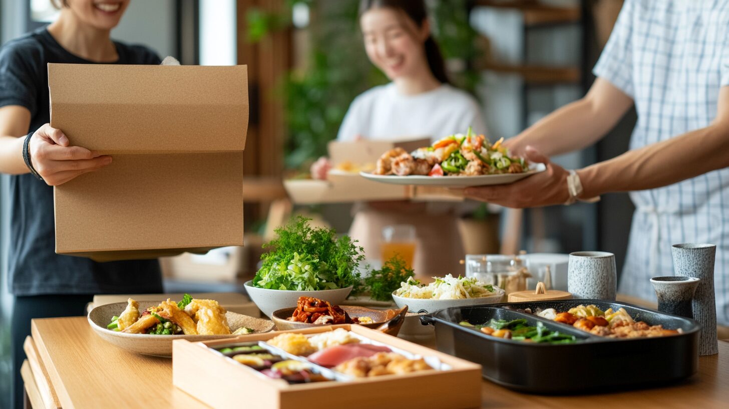 日本の家庭で宅配料理を受け取り、食卓で笑顔で食事を楽しむ様子。ガストの宅配クーポン番号を使ったお得な利用シーンをイメージ。