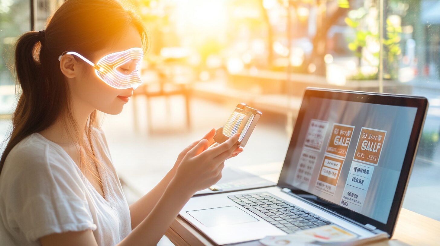 LEDマスクを使う日本人女性。クーポンを併用してセール時にお得に購入したイメージ画像。