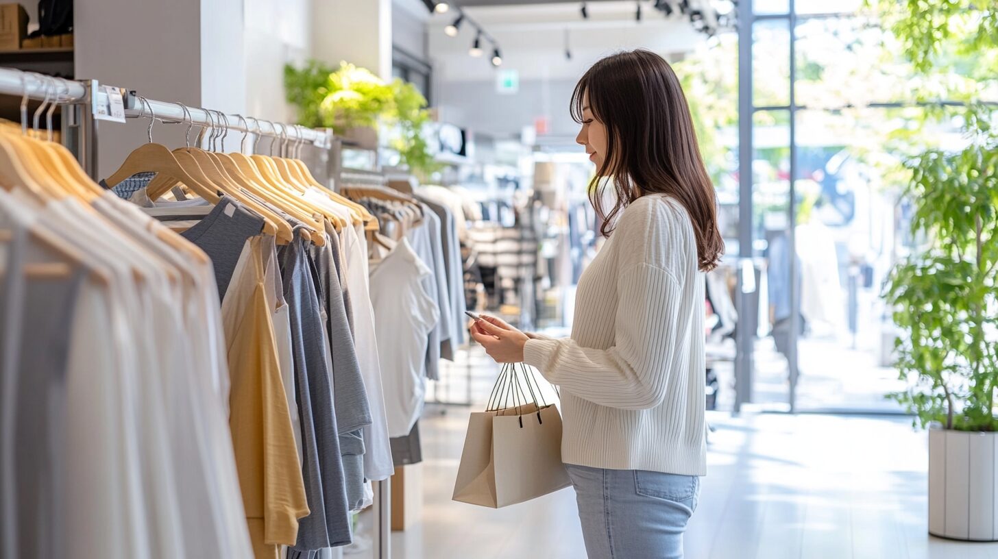 日本人女性が明るい店内で洋服を見ている様子