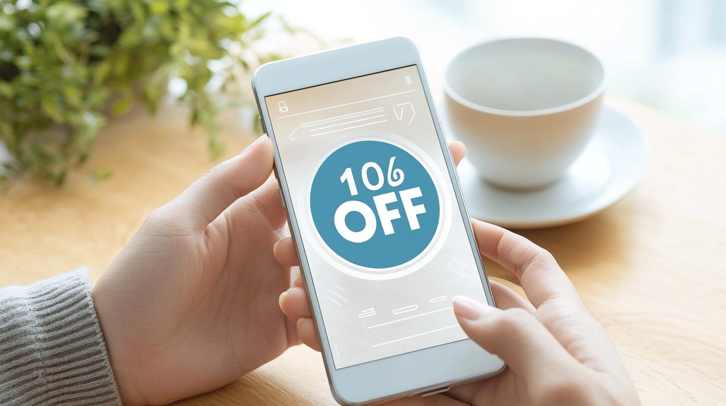 セカストアプリの初回クーポンや10%OFFのクーポンをスマホ画面で見ているイメージ画像