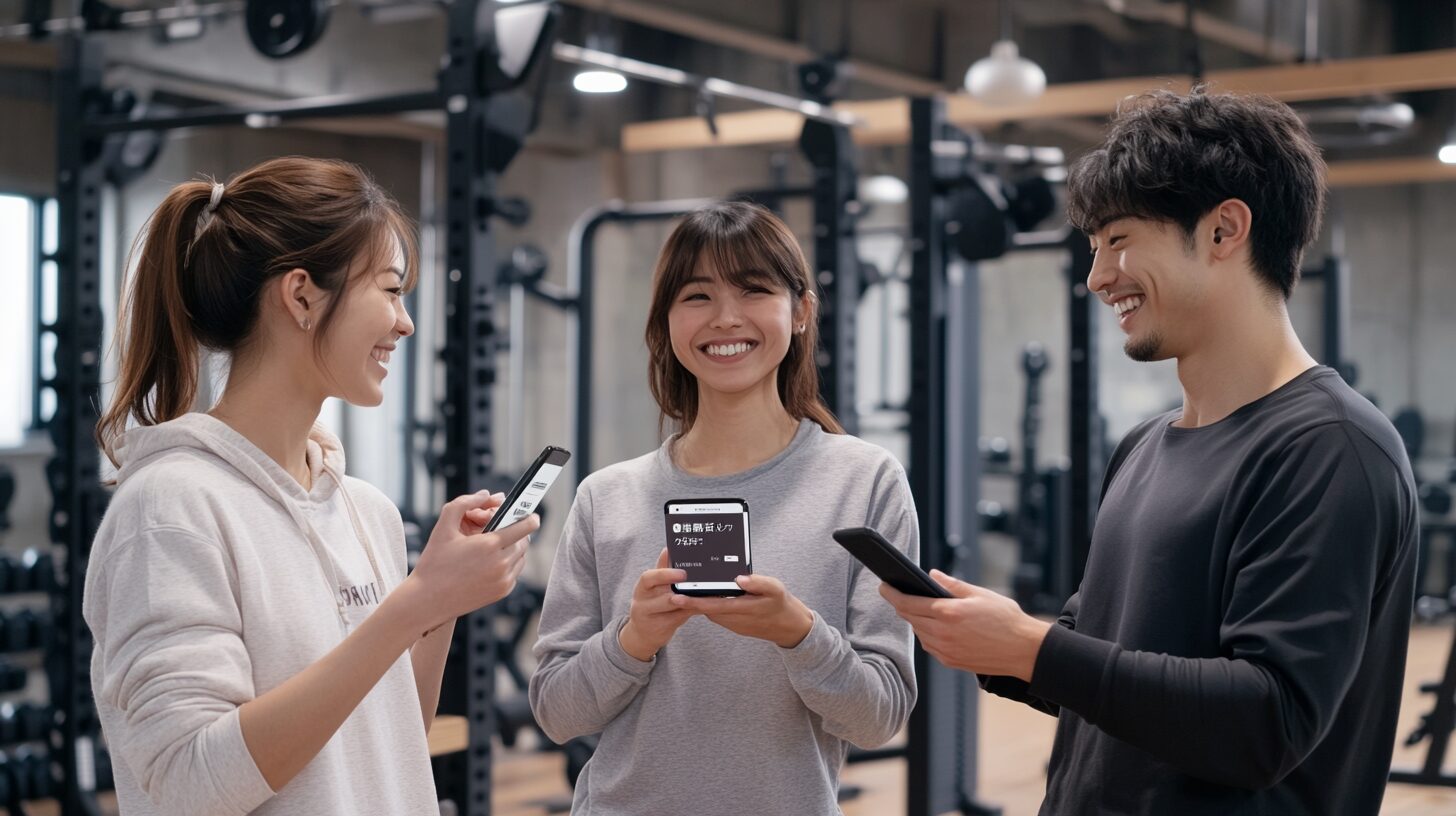 日本人の友人グループが2ヶ月無料キャンペーンで入会後ジムで運動後に笑顔でスマートフォンを確認している様子