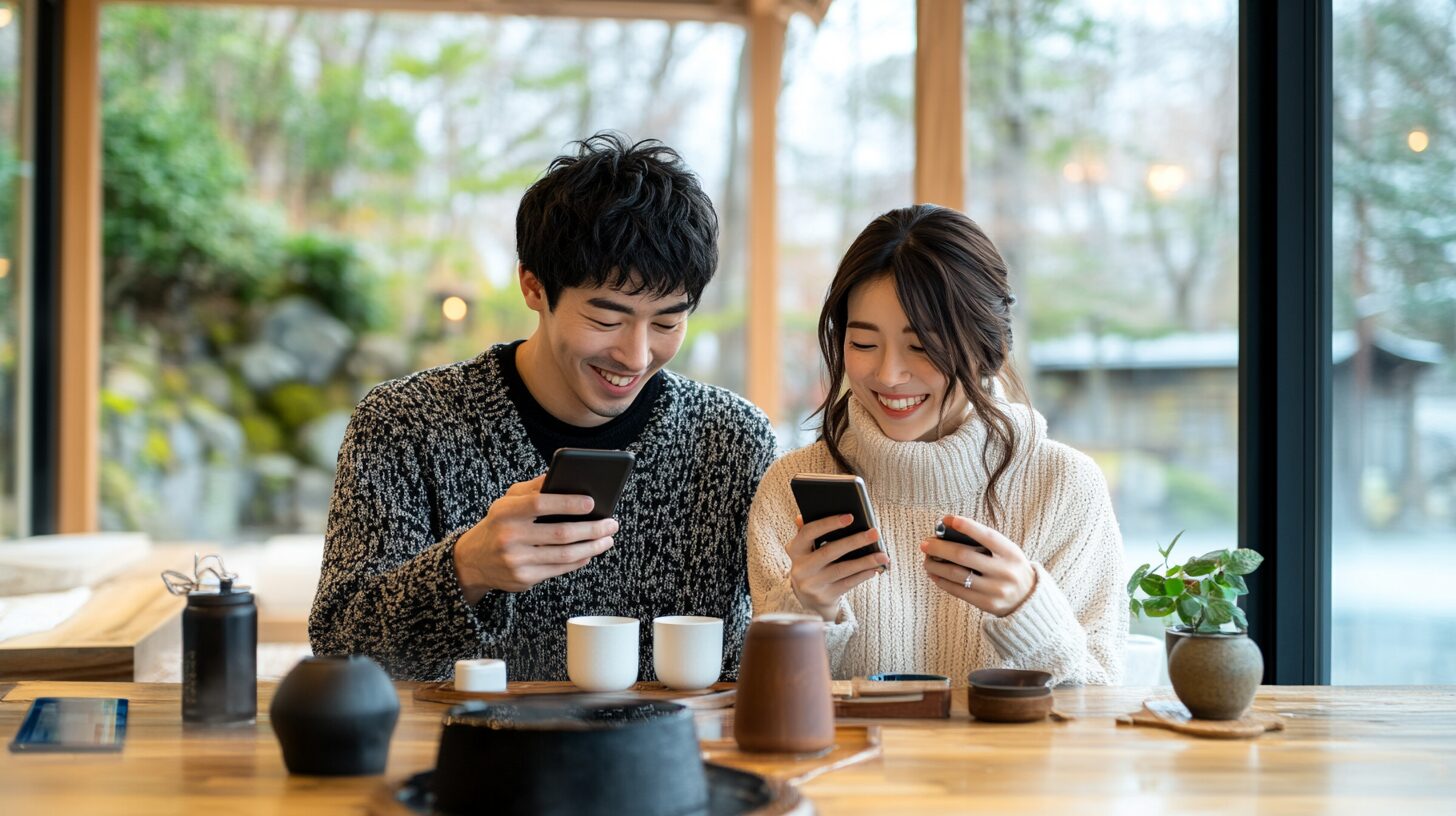 北村温泉の日帰りクーポンの使い方や注意点を調べるカップル