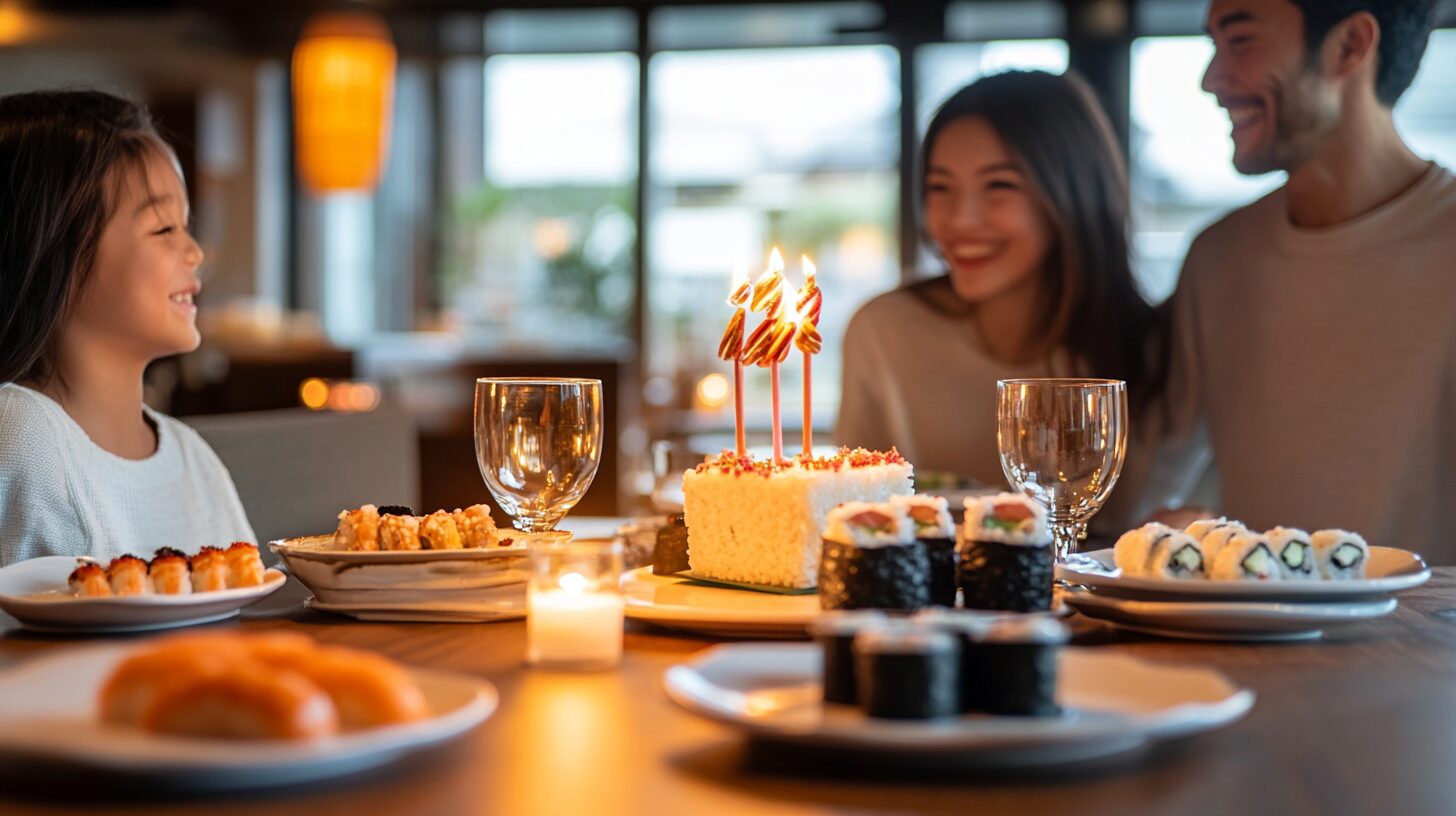 はま寿司で誕生日クーポンを使って家族で食事を楽しむ様子