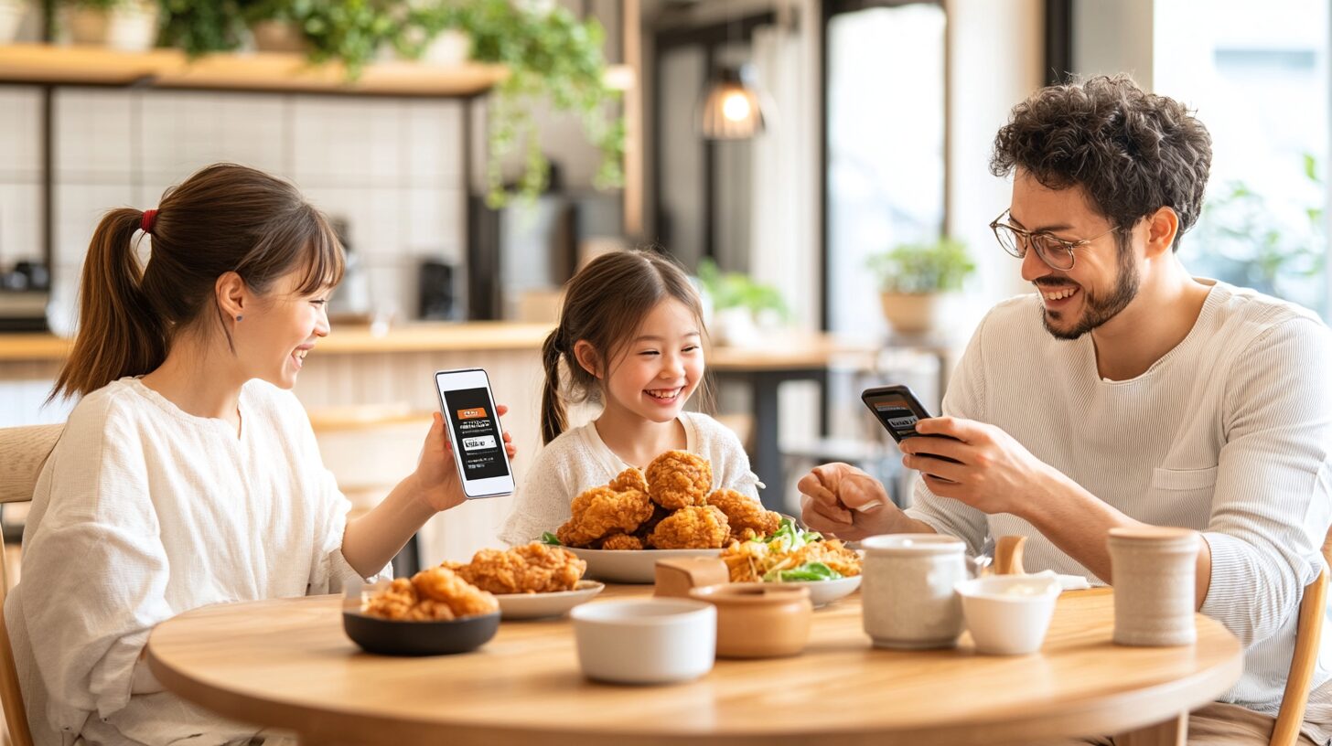 ケンタッキーの無料クーポン取得方法を紹介するイメージ、食卓でクーポンを確認する日本人家族