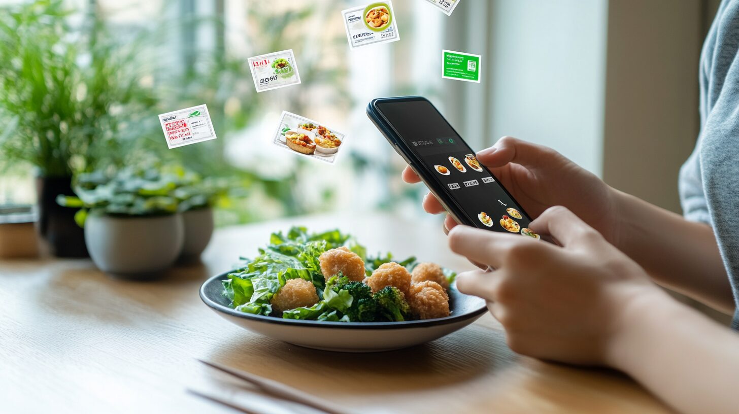 スマートフォンでフードデリバリーのクーポンを受け取る日本人の様子