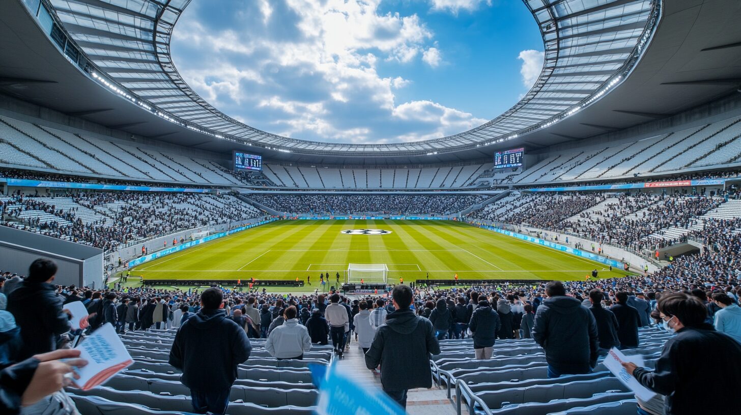 サッカースタジアムで観客が歓声をあげて応援している様子