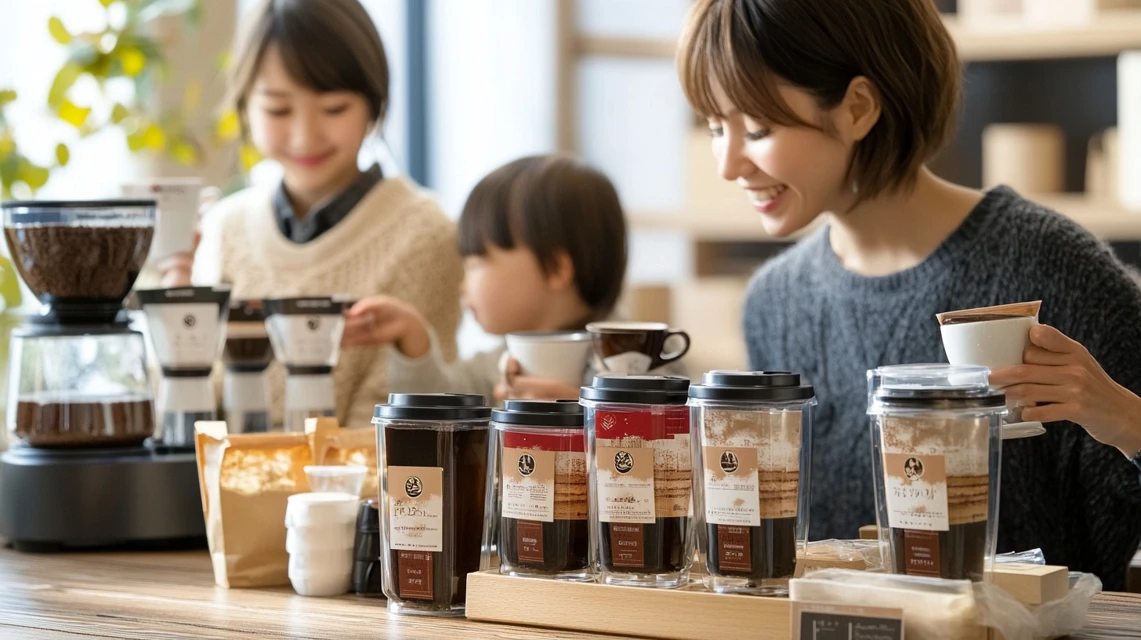 コーヒークーポンを使って商品を受け取り、笑顔になる日本人