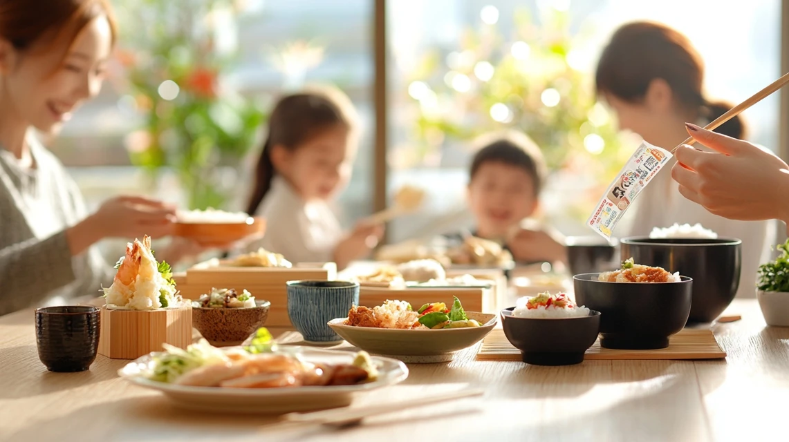 複数のクーポンを使って食事を楽しむ日本人家族の集合シーン。満足そうな笑顔が印象的。

