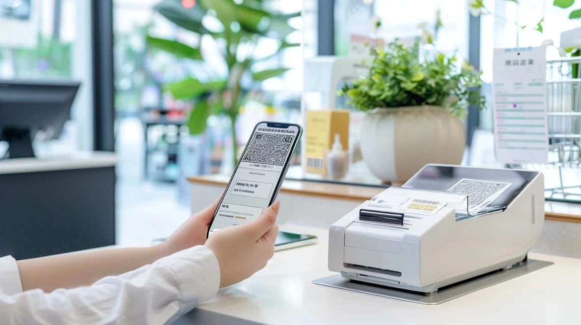 セルフレジでスマートフォンのアイイオンのクーポンをスキャンしている日本人