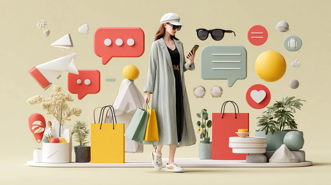 クーポンを使って購入した洋服の荷物を受け取り、満足そうな表情を浮かべる日本人のイメージ