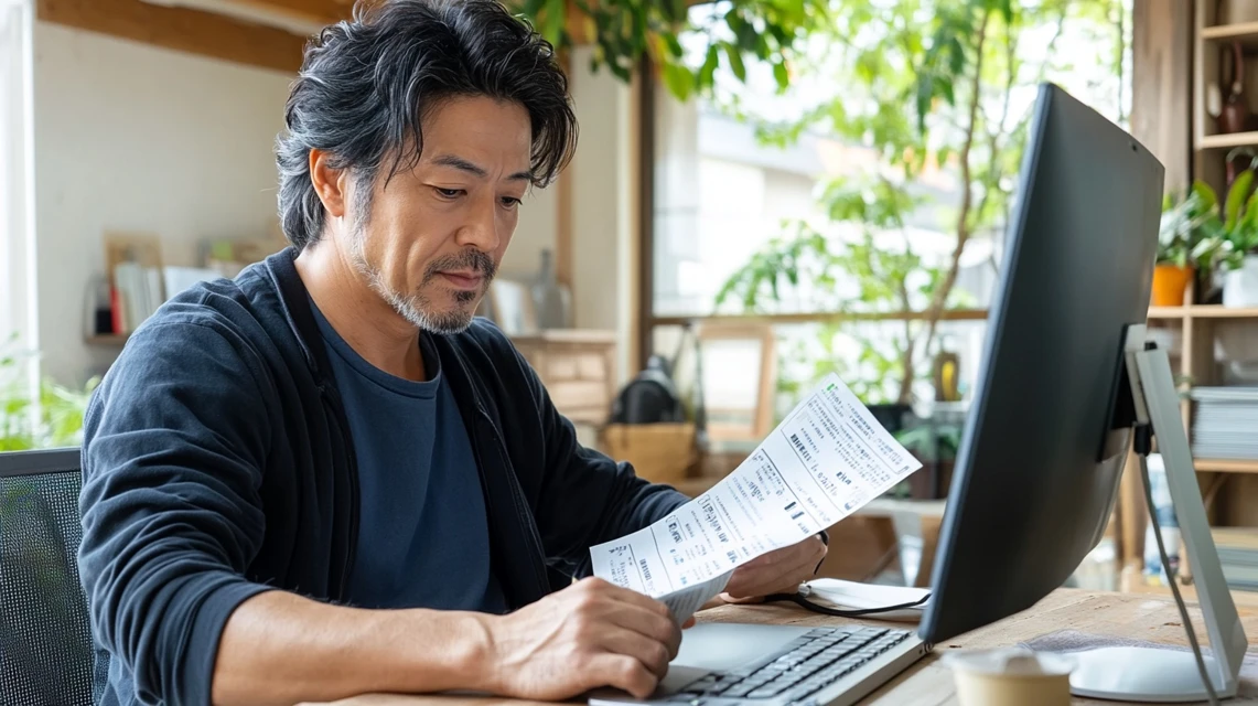契約書や明細を見ながら更新内容を確認している男性