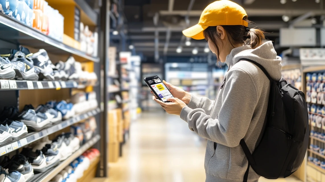日本人がLINEメッセージで届いたクーポンコードを見ながら買い物をしている様子
