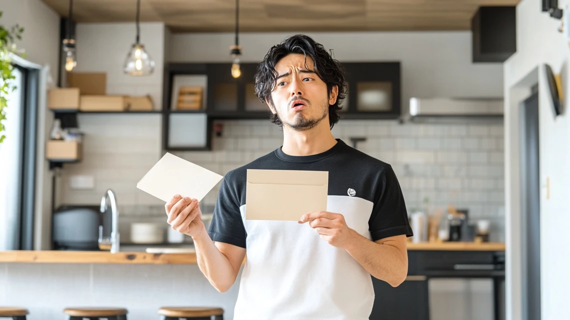 ヤマダ電機の安心会員クーポン500円券が届かないことに疑問を持ち、クーポン封筒を探す日本人男性のシーン