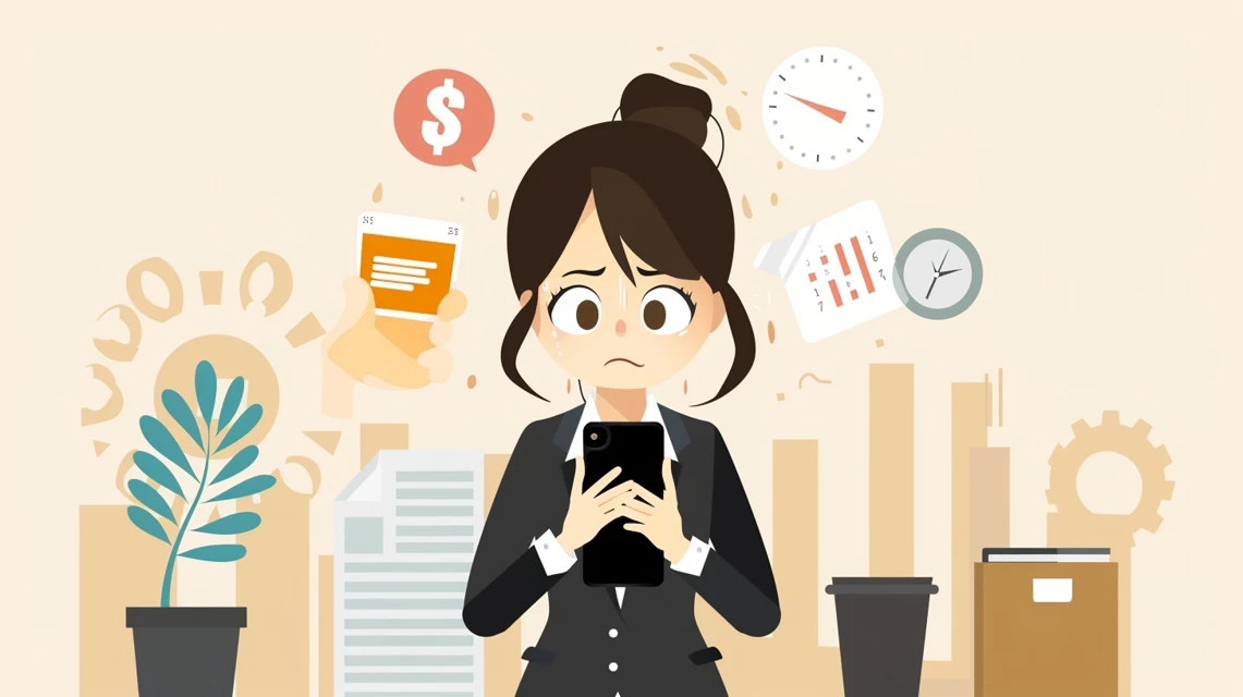 アイイオンのクーポンが表示されない原因を考えている日本人、エラーメッセージが出たスマートフォンを見ている場面