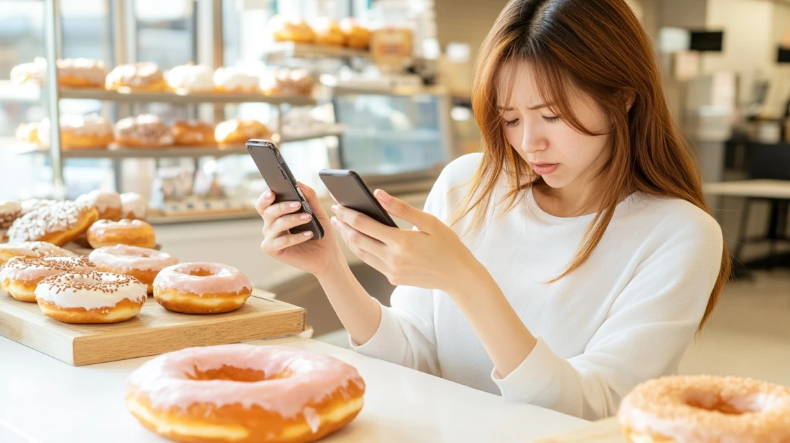 アンケートコードのないレシートを見て戸惑い、代わりの方法をスマホで調べてい女性の様子。
