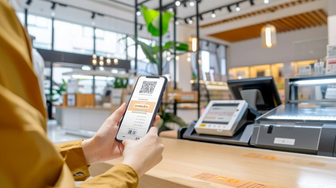 店頭でスマートフォンに表示されたアイイオンのクーポンをスタッフに見せる日本人