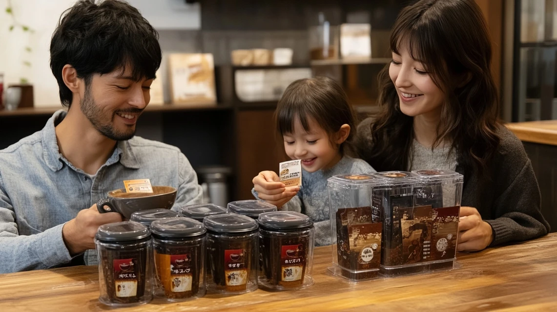 日本人家族がカタログの限定景品を見て喜んでいるシーン