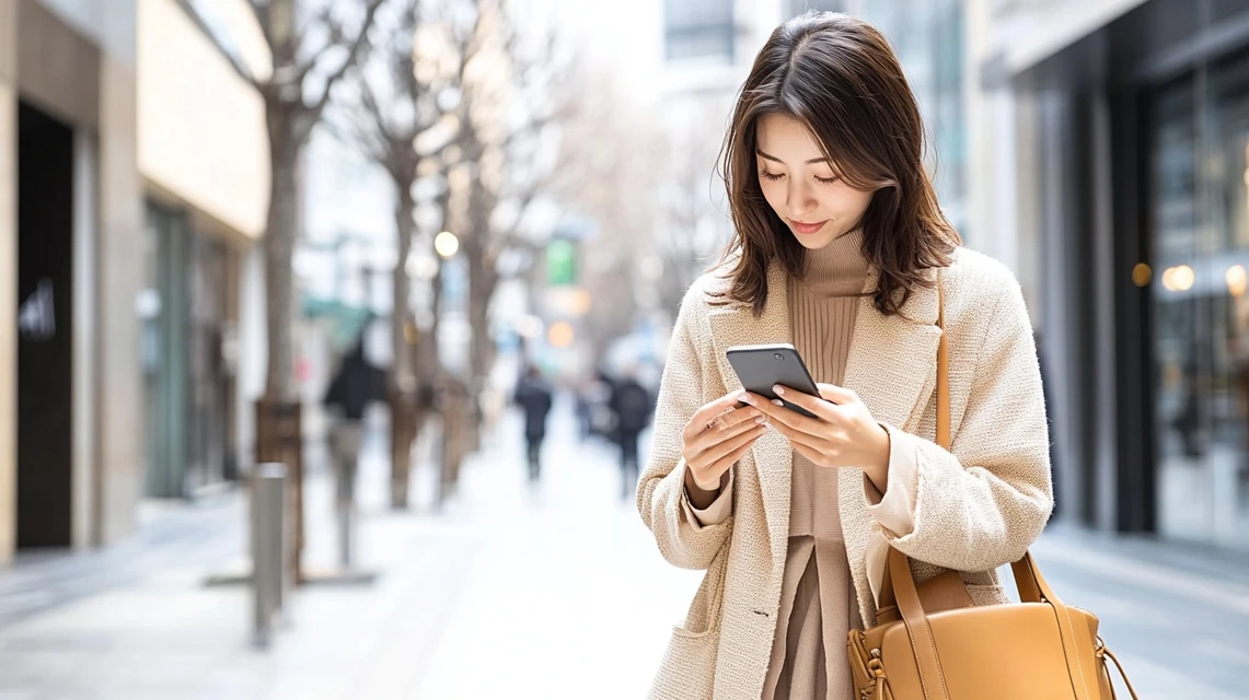 ヤマダ電機の安心会員クーポン配布メールが届かず、スマートフォンの受信フォルダを確認する女性の場面