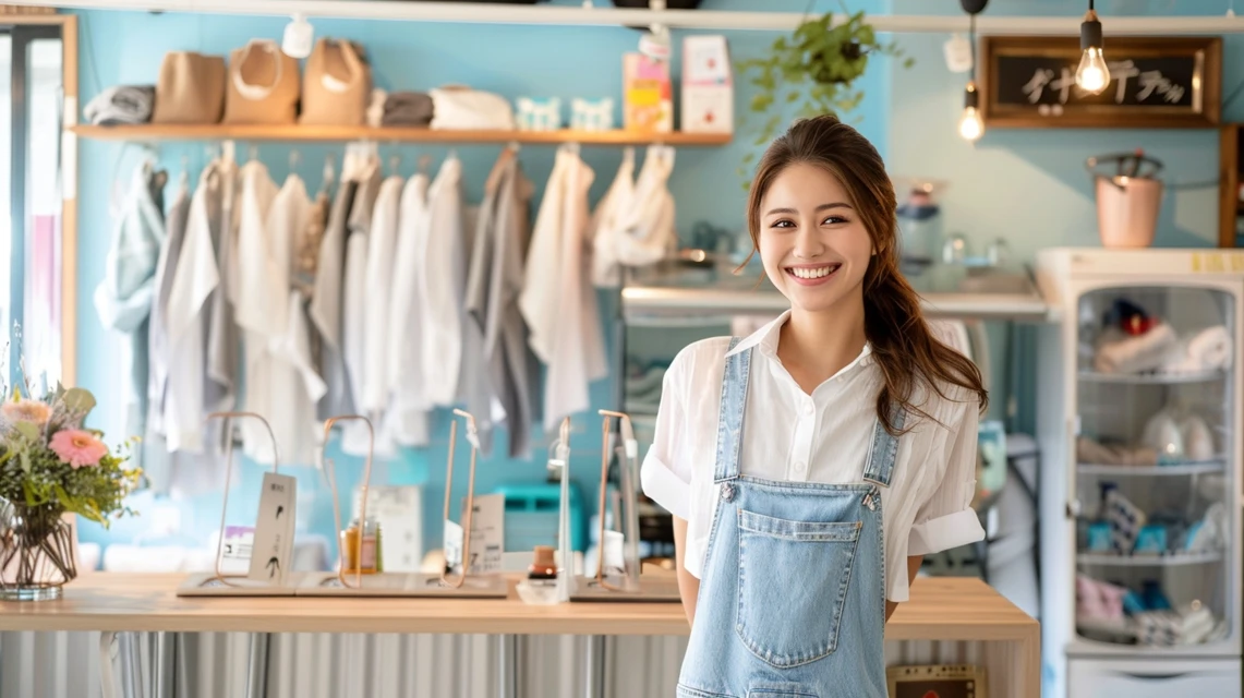 ポニークリーニングの店頭で平日割引を利用し、笑顔で仕上がった衣類を受け取る日本人女性の様子

