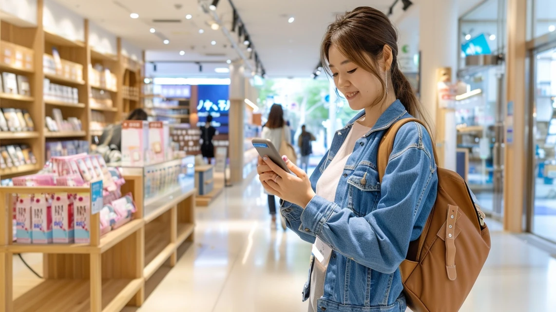 アイイオンのアプリで店舗登録をしていないため、クーポンが表示されないスマートフォン画面を確認する日本人