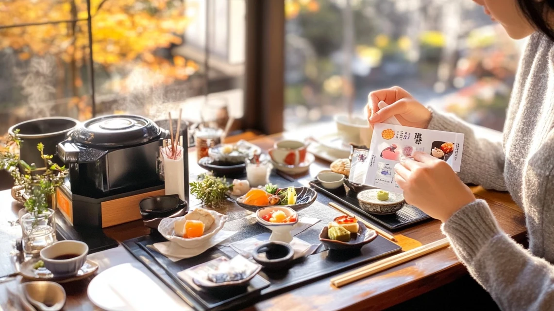 20%offクーポンで釜寅の釜飯を囲んで食事を楽しむ女性イメージ画像