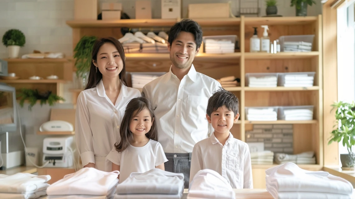 ポニークリーニング平日割引を利用して清潔な衣類を手にする日本人家族のイメージ
