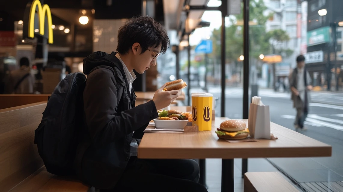 フィレオフィッシュを食べている日本人の姿イメージ画像。