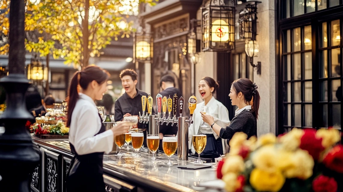 夏の屋外ビアガーデンで日本人のグループが料理とドリンクを囲んで楽しんでいる様子。
